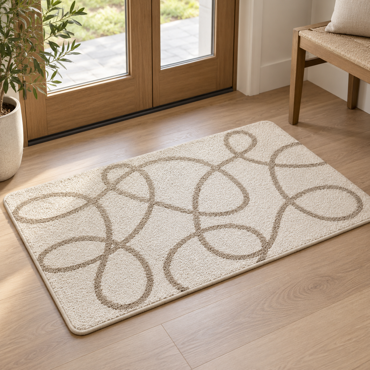 Ivory woven floor mat with taupe loop motif — AI-generated design concept