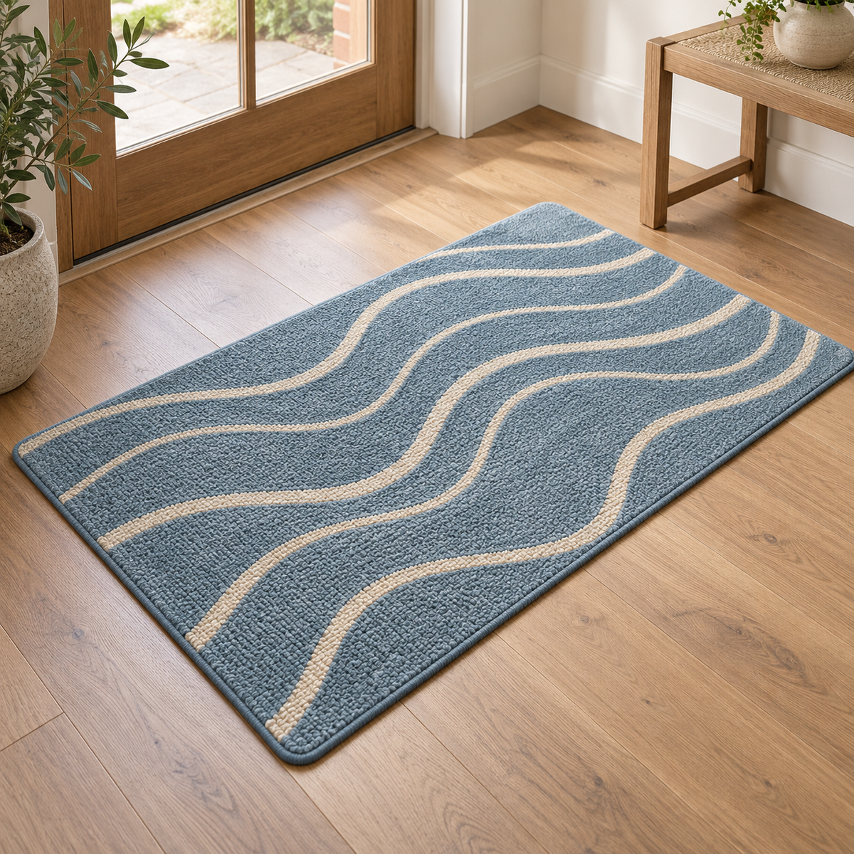 Dusty blue woven floor mat with cream ripple motif — AI-generated design concept