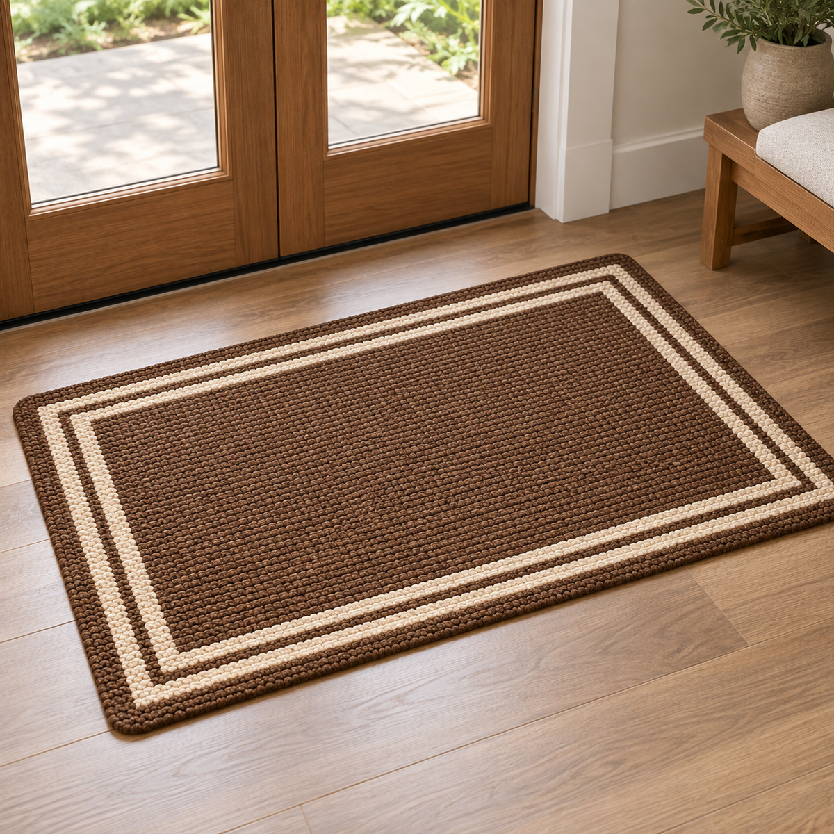 Cocoa brown woven floor mat with ivory double border — AI-generated design concept