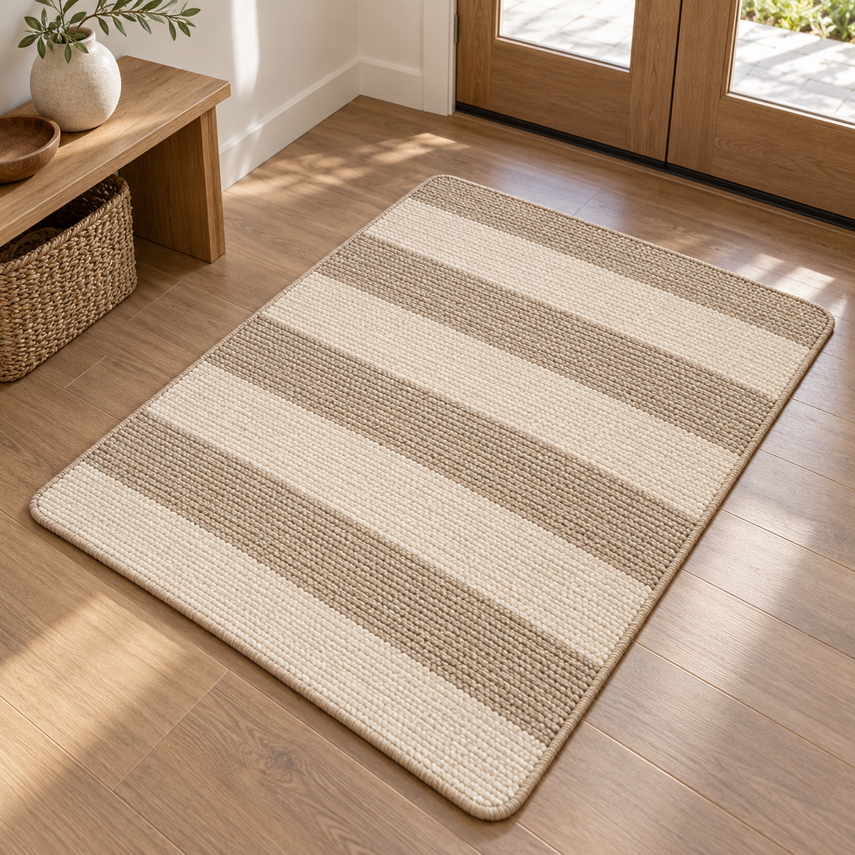 Oatmeal woven floor mat with cream stripes — AI-generated design concept